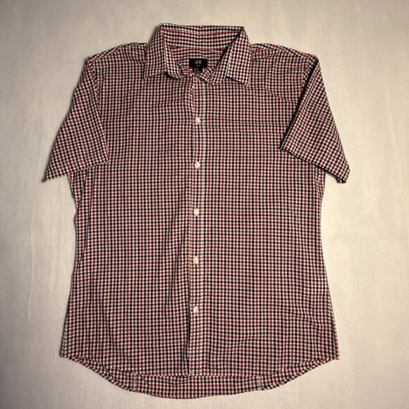 H&M Men Button Up Shirt Short Sleeve Slim Fit XLG Red, White, Blue, Plaid - Picture 1 of 8